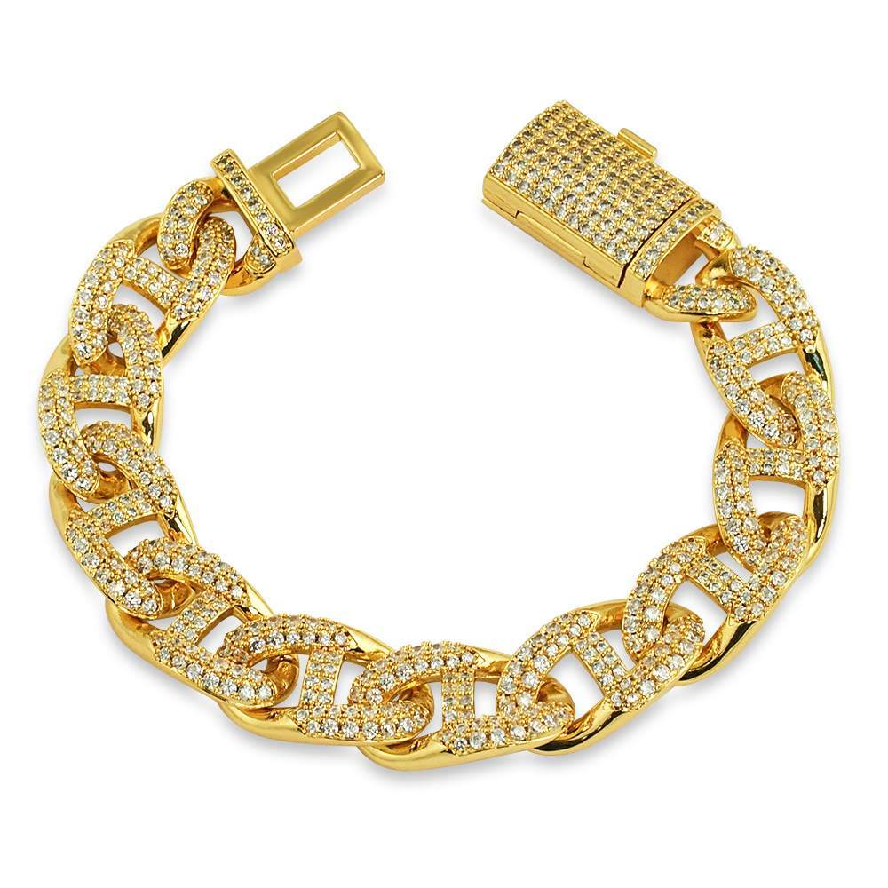Miami Mariner CZ Iced Out Hip Hop Bracelet Yellow Gold 8" HipHopBling