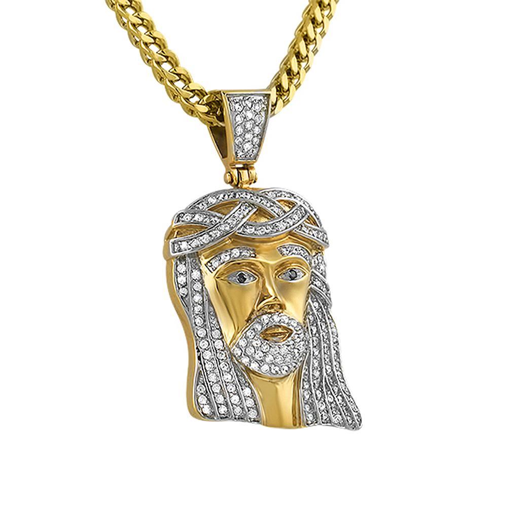 Micro Classic Gold Jesus Piece Pendant Iced Out Steel HipHopBling
