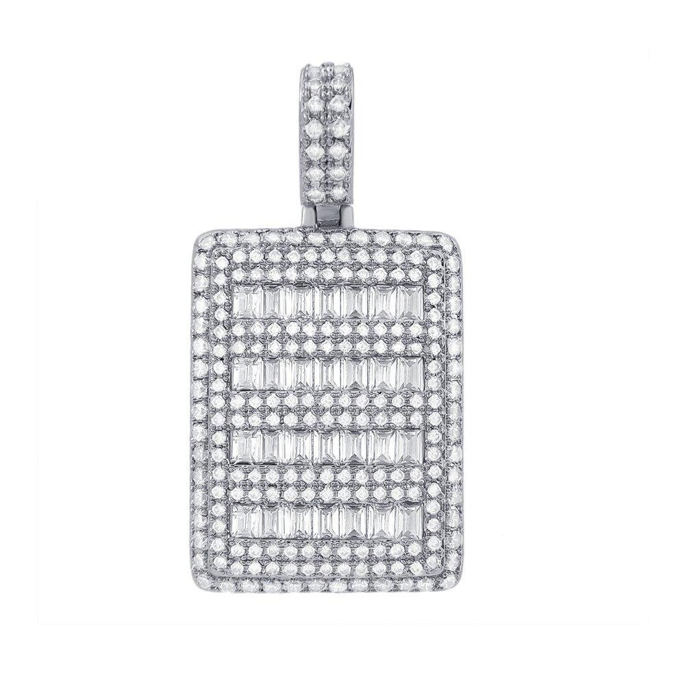 Micro Pave Baguette Dog Tag CZ Pendant in Rhodium HipHopBling