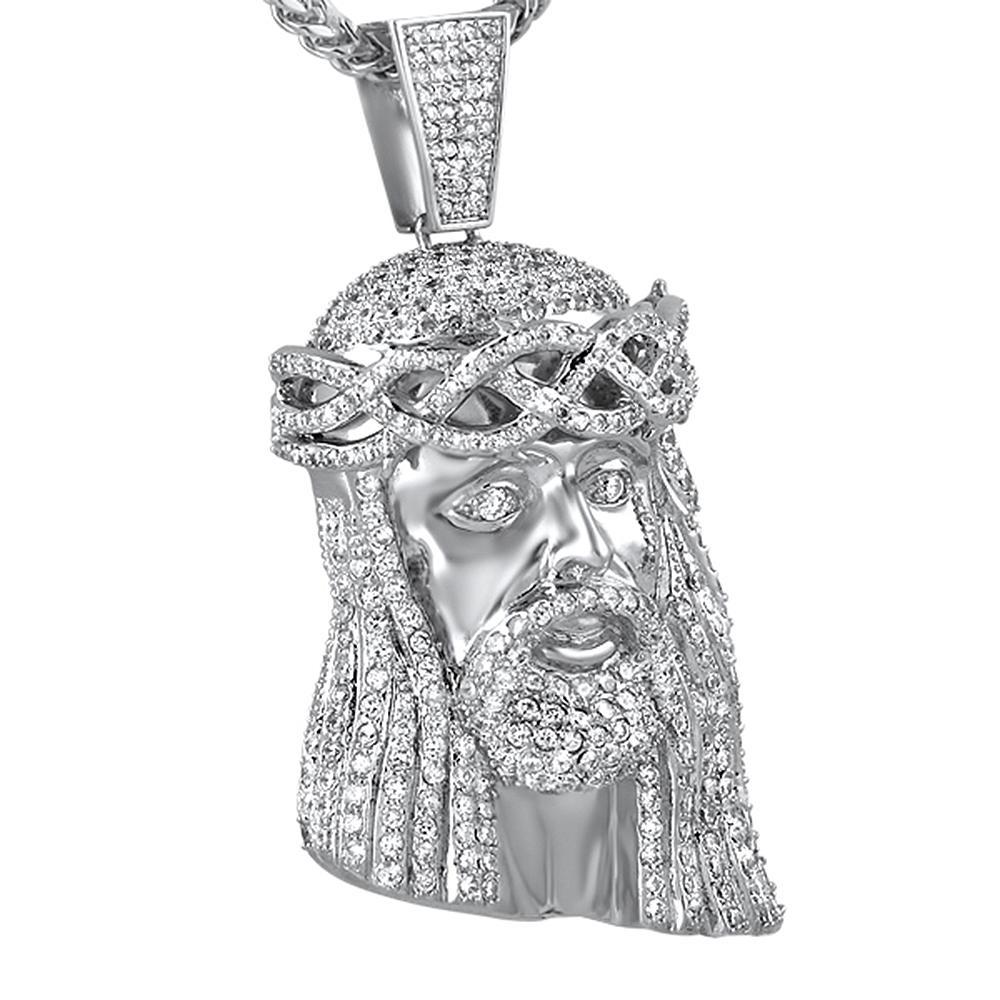 Micro Pave CZ Rhodium Jesus Piece Pendant HipHopBling