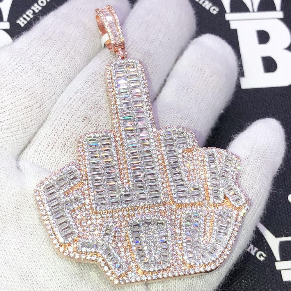 Middle Finger F YOU Baguette VVS CZ Hip Hop Iced Out Pendant Rose Gold HipHopBling