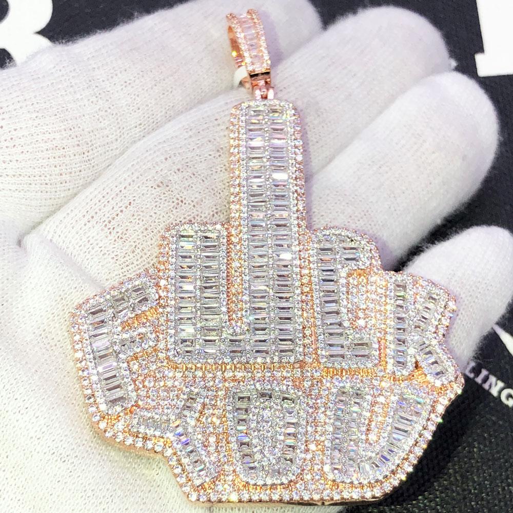 Middle Finger F YOU Baguette VVS CZ Hip Hop Iced Out Pendant Rose Gold HipHopBling