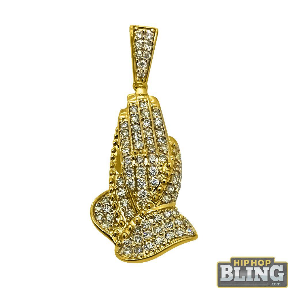 Mini 14K Gold Praying Hands .95cttw Diamond Pendant HipHopBling