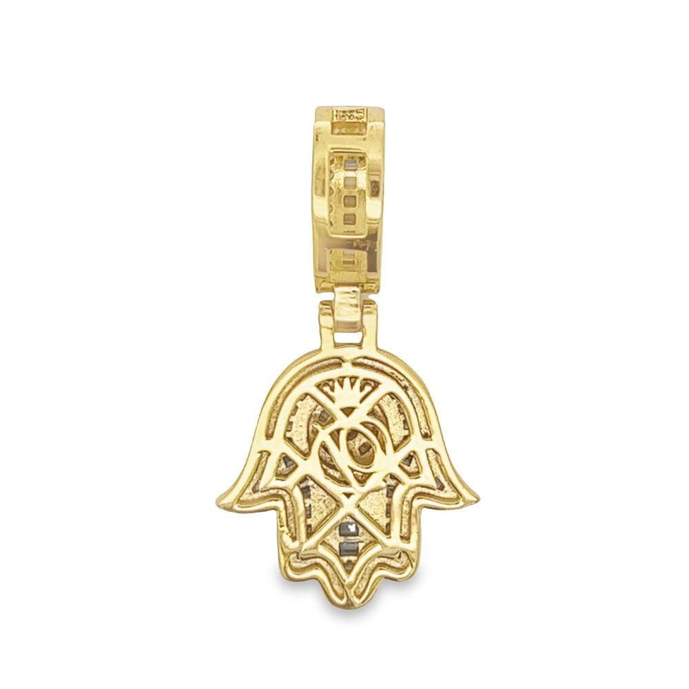 Mini .925 Silver Hamsa Baguette VVS CZ Iced Out Pendant Yellow Gold HipHopBling