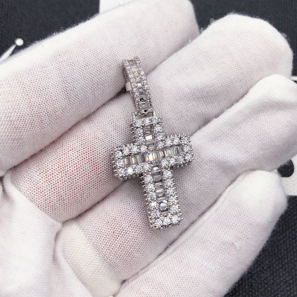 Mini Baguette Cross CZ Hip Hop Bling Bling Pendant Yellow Gold HipHopBling