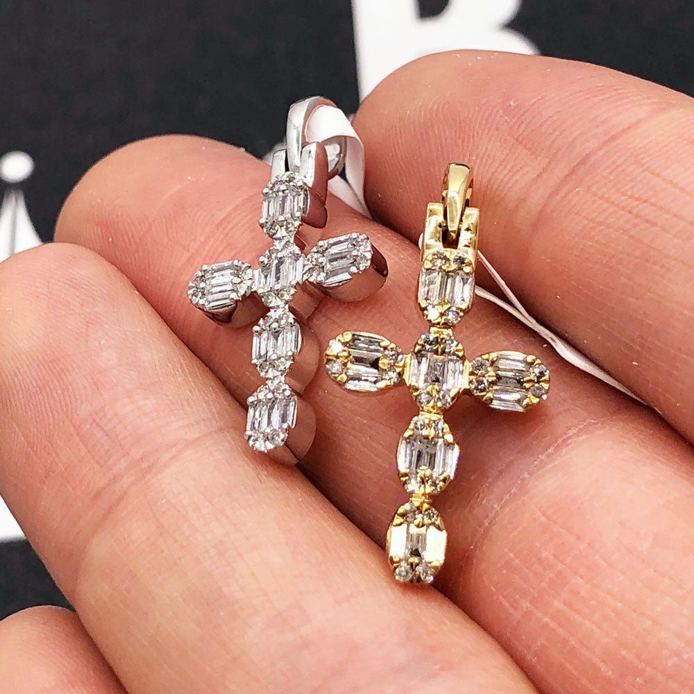 Mini Baguette Oval Cross .42cttw Diamond Pendant 10K Gold 10K White Gold HipHopBling