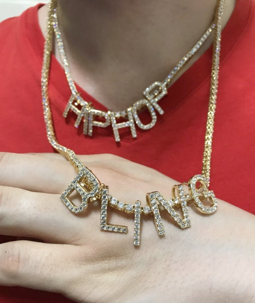 Mini Block Initial CZ Letters - .925 Sterling Silver - 18K Yellow Gold A HipHopBling