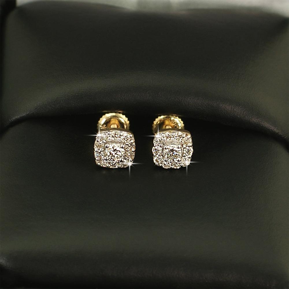 Mini Cushion Halo Diamond Earrings .33cttw 10K Yellow Gold HipHopBling