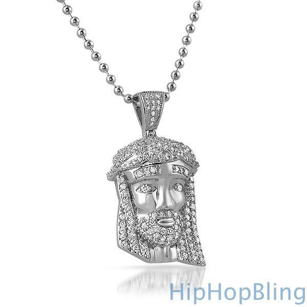 Mini Jesus Piece Pendant .925 Sterling Silver White Gold HipHopBling