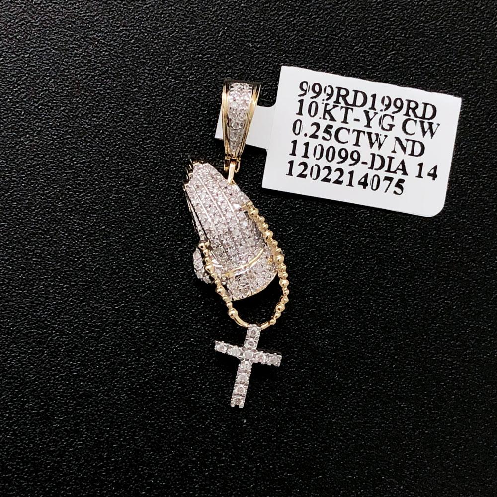 Mini Prayer Hands Cross Diamond Pendant .25cttw 10K Yellow Gold HipHopBling