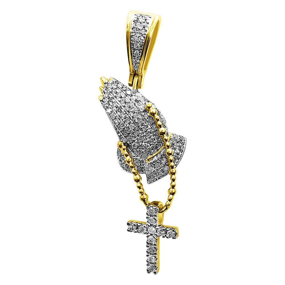 Mini Prayer Hands Cross Diamond Pendant .25cttw 10K Yellow Gold HipHopBling