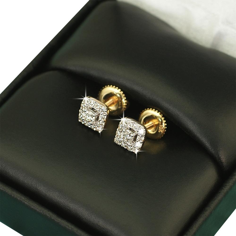 Mini Square Halo Diamond Earrings .34cttw 10K Yellow Gold HipHopBling