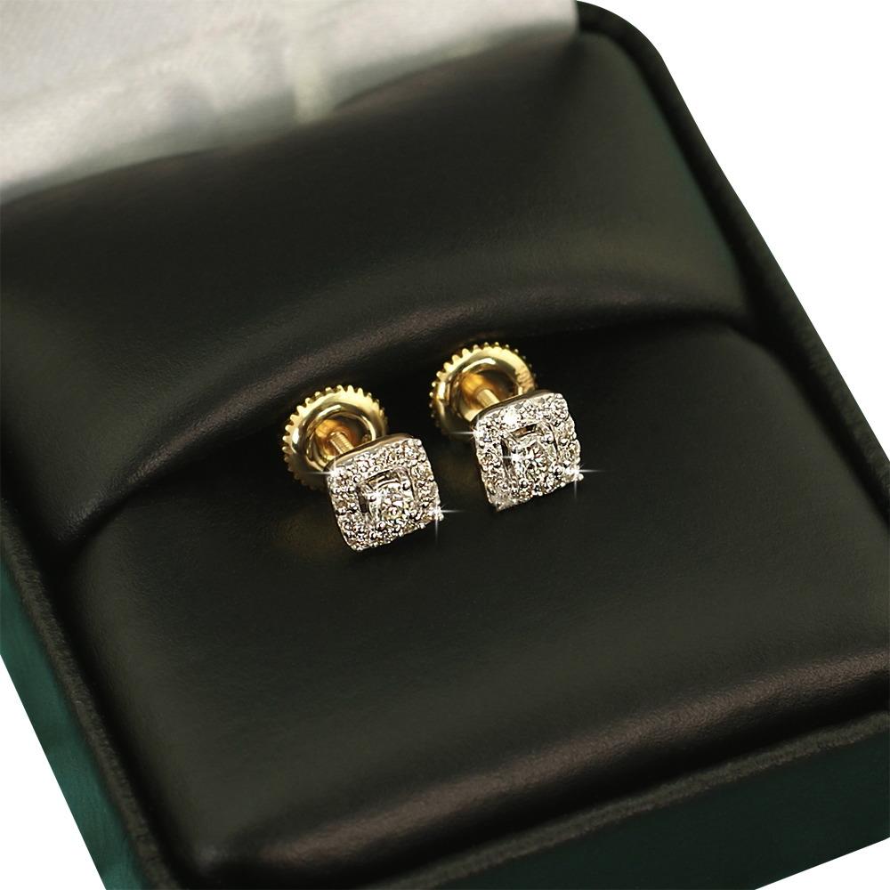 Mini Square Halo Diamond Earrings .34cttw 10K Yellow Gold HipHopBling