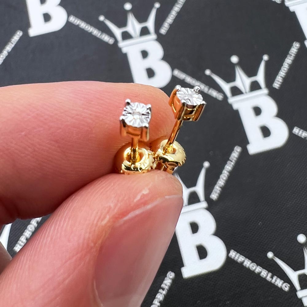 Miracle REAL Diamond Stud Earrings .925 Sterling Silver Yellow Gold HipHopBling