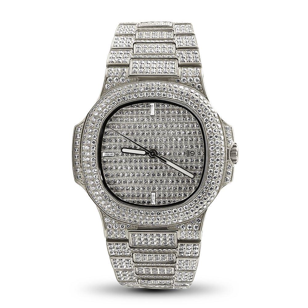 Modern CZ Stainless Steel Watch in White Gold HipHopBling