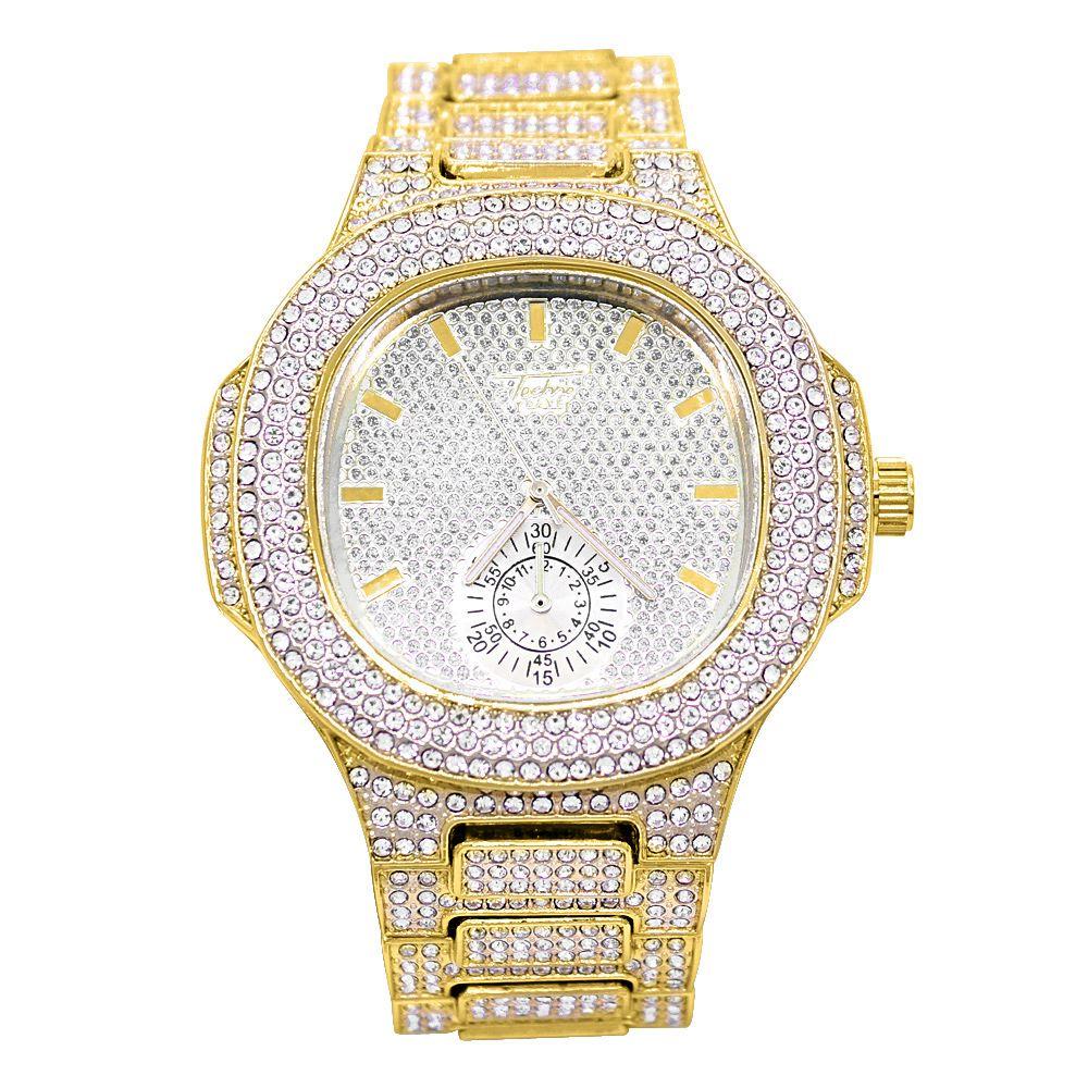 Modern Full Iced Out Chrono Bling Bling Hip Hop Watch Yellow Gold HipHopBling