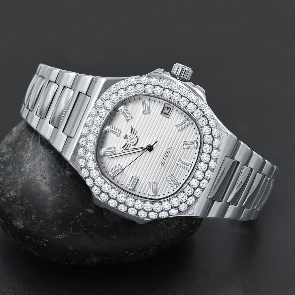 Modern Stainless Steel CZ Bezel Sports Watch White Gold HipHopBling