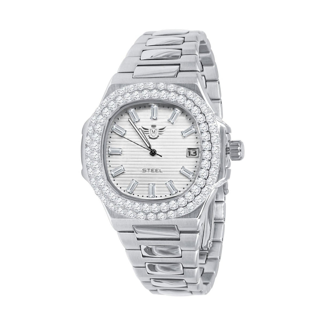 Modern Stainless Steel CZ Bezel Sports Watch White Gold HipHopBling