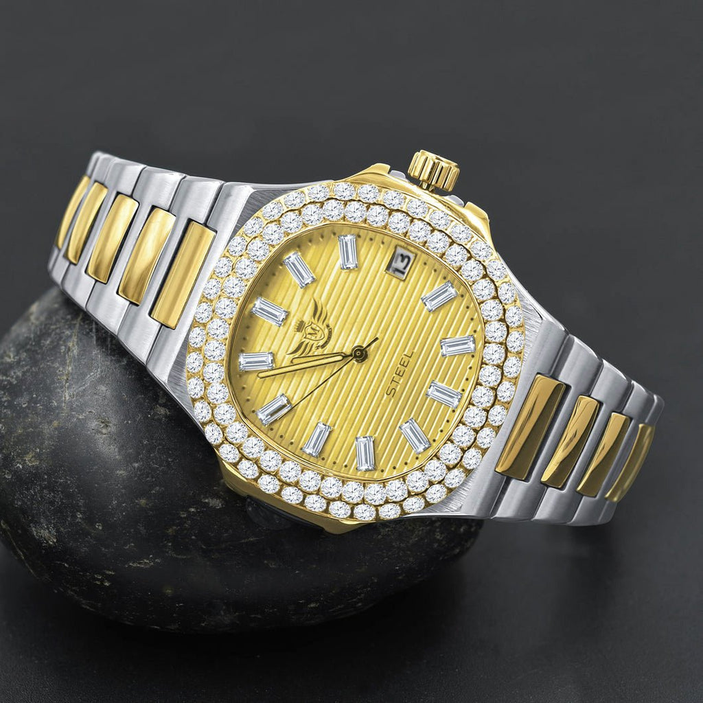 Modern Stainless Steel CZ Bezel Sports Watch White Gold HipHopBling