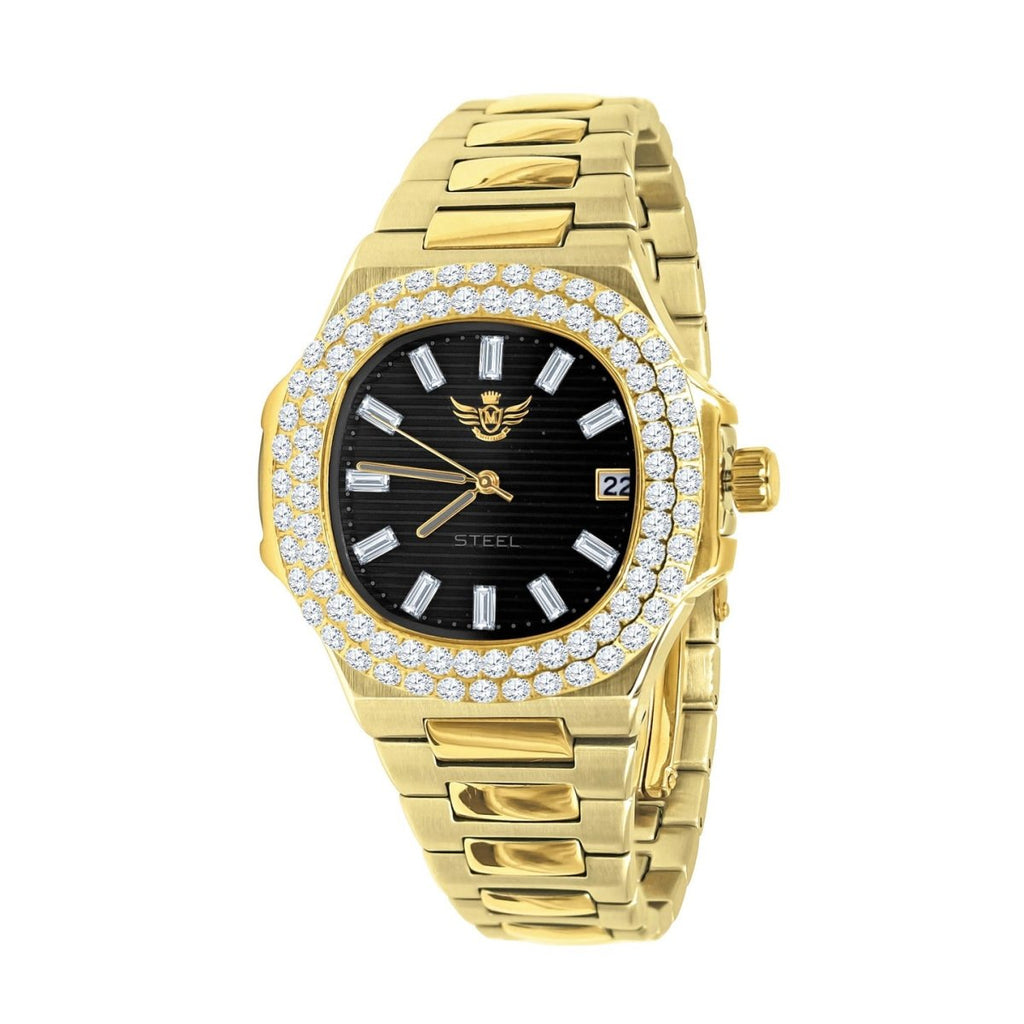Modern Stainless Steel CZ Bezel Sports Watch Yellow Gold HipHopBling