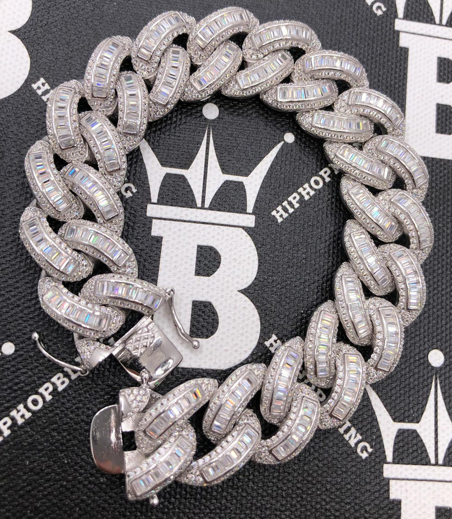 Moissanite Baguette Cuban Iced Out Bracelet 18MM .925 Sterling Silver 8" Bracelet HipHopBling