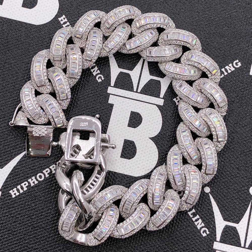 Moissanite Baguette Cuban Iced Out Bracelet 18MM .925 Sterling Silver 8" Bracelet HipHopBling