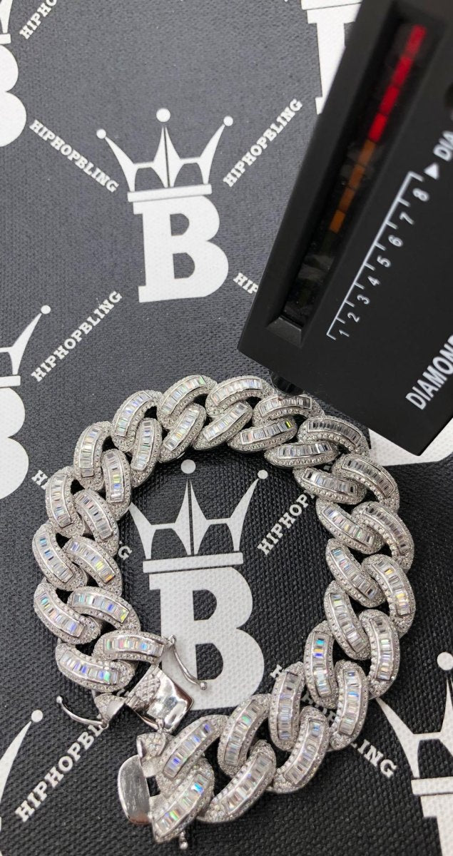 Moissanite Baguette Cuban Iced Out Bracelet 18MM .925 Sterling Silver 8" Bracelet HipHopBling