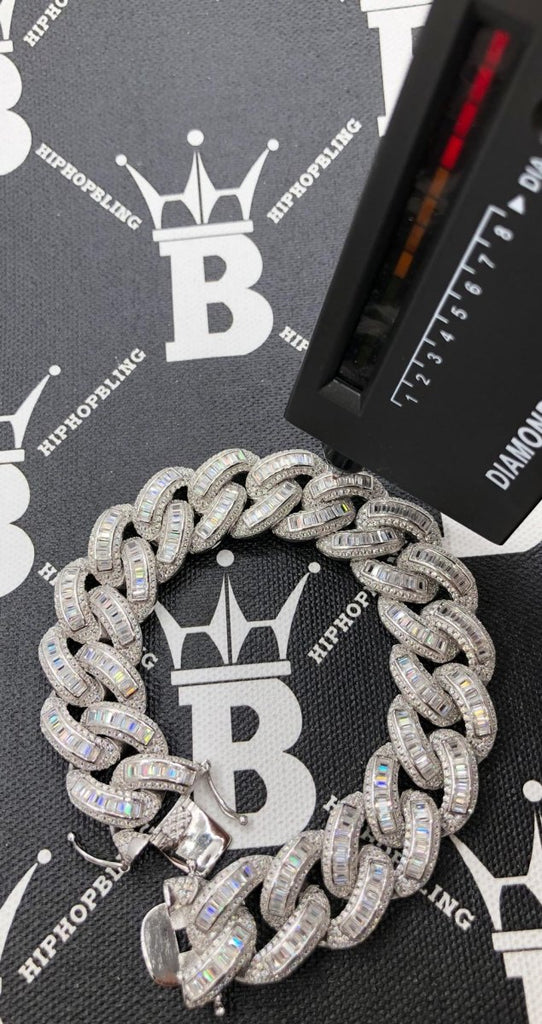 Moissanite Baguette Cuban Iced Out Bracelet 18MM .925 Sterling Silver 8" Bracelet HipHopBling