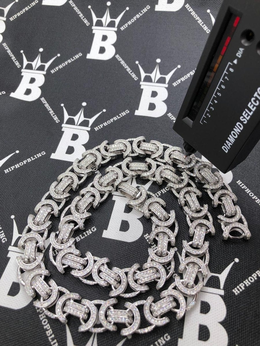 Moissanite Byzantine Chain Iced Out .925 Sterling Silver 18" HipHopBling