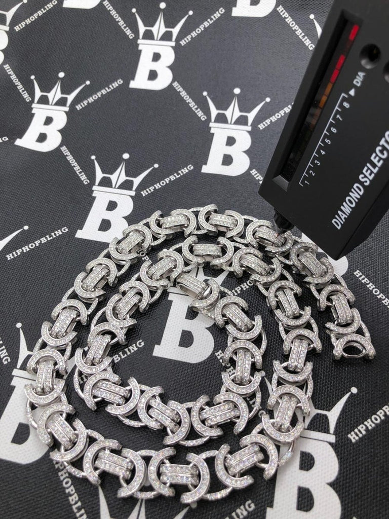 Moissanite Byzantine Chain Iced Out .925 Sterling Silver 18" HipHopBling