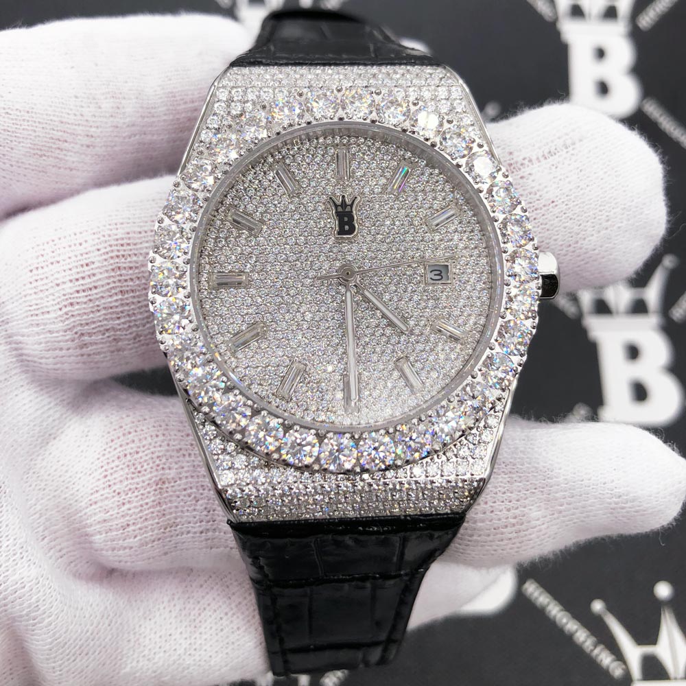 Moissanite Crown Hip Hop Bling Bustdown Leather Watch 20 Carats White Gold HipHopBling