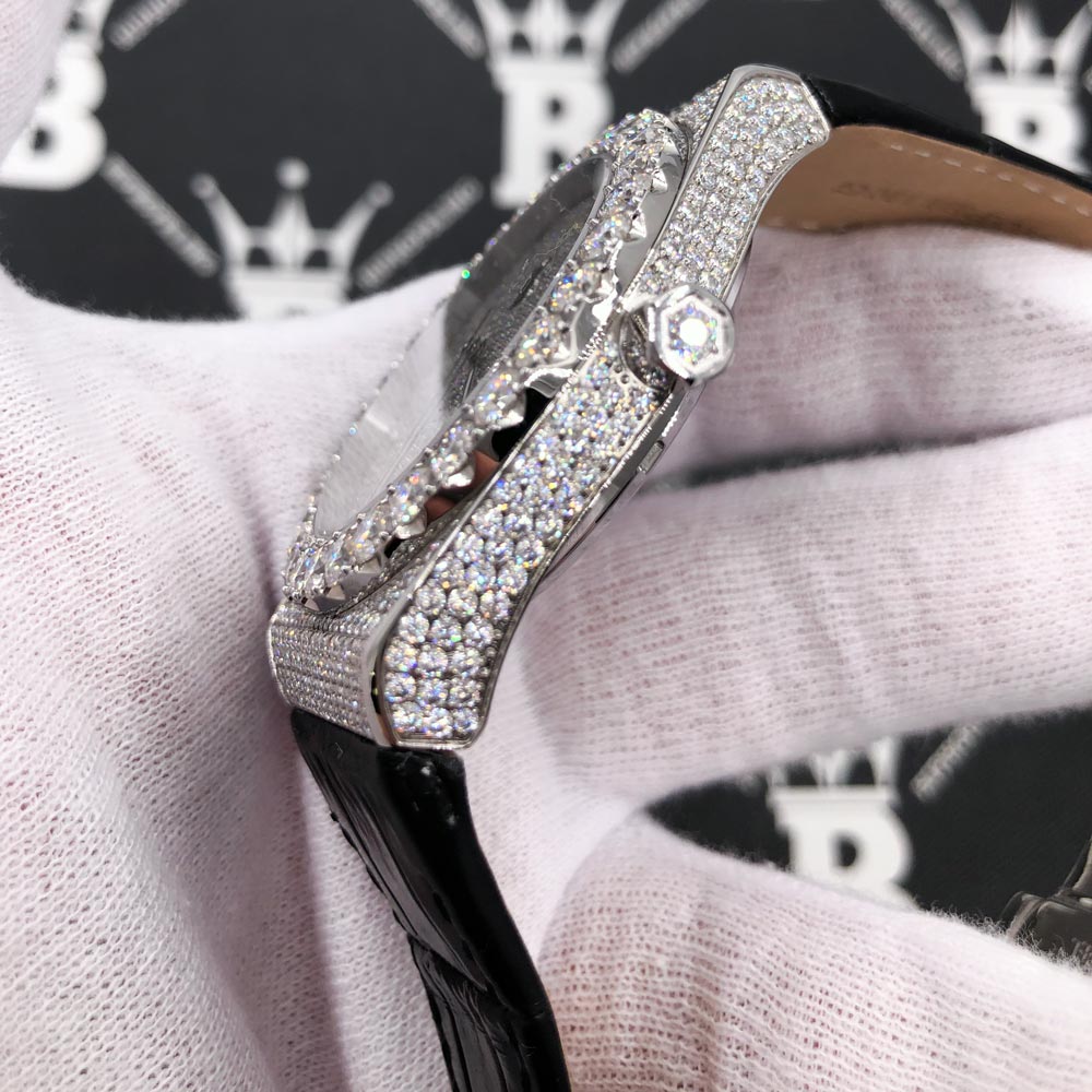 Moissanite Crown Hip Hop Bling Bustdown Leather Watch 20 Carats White Gold HipHopBling