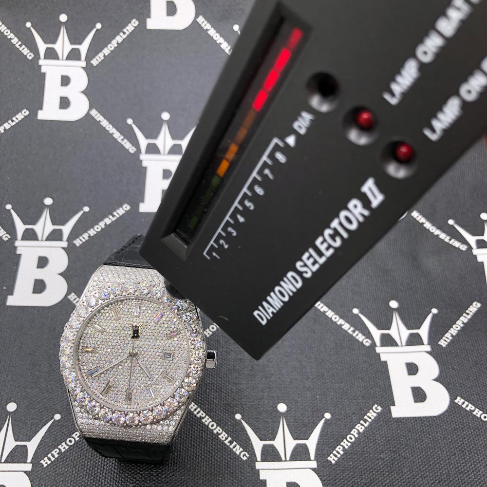 Moissanite Crown Hip Hop Bling Bustdown Leather Watch 20 Carats White Gold HipHopBling