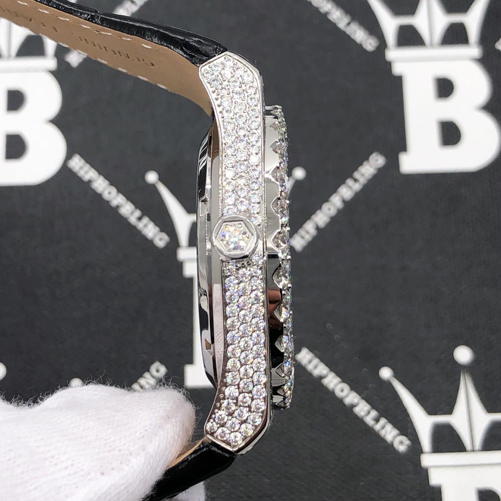 Moissanite Crown Hip Hop Bling Bustdown Leather Watch 20 Carats White Gold HipHopBling