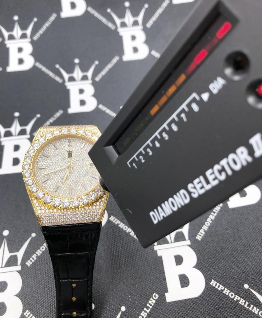 Moissanite Crown Hip Hop Bling Bustdown Leather Watch 20 Carats White Gold HipHopBling
