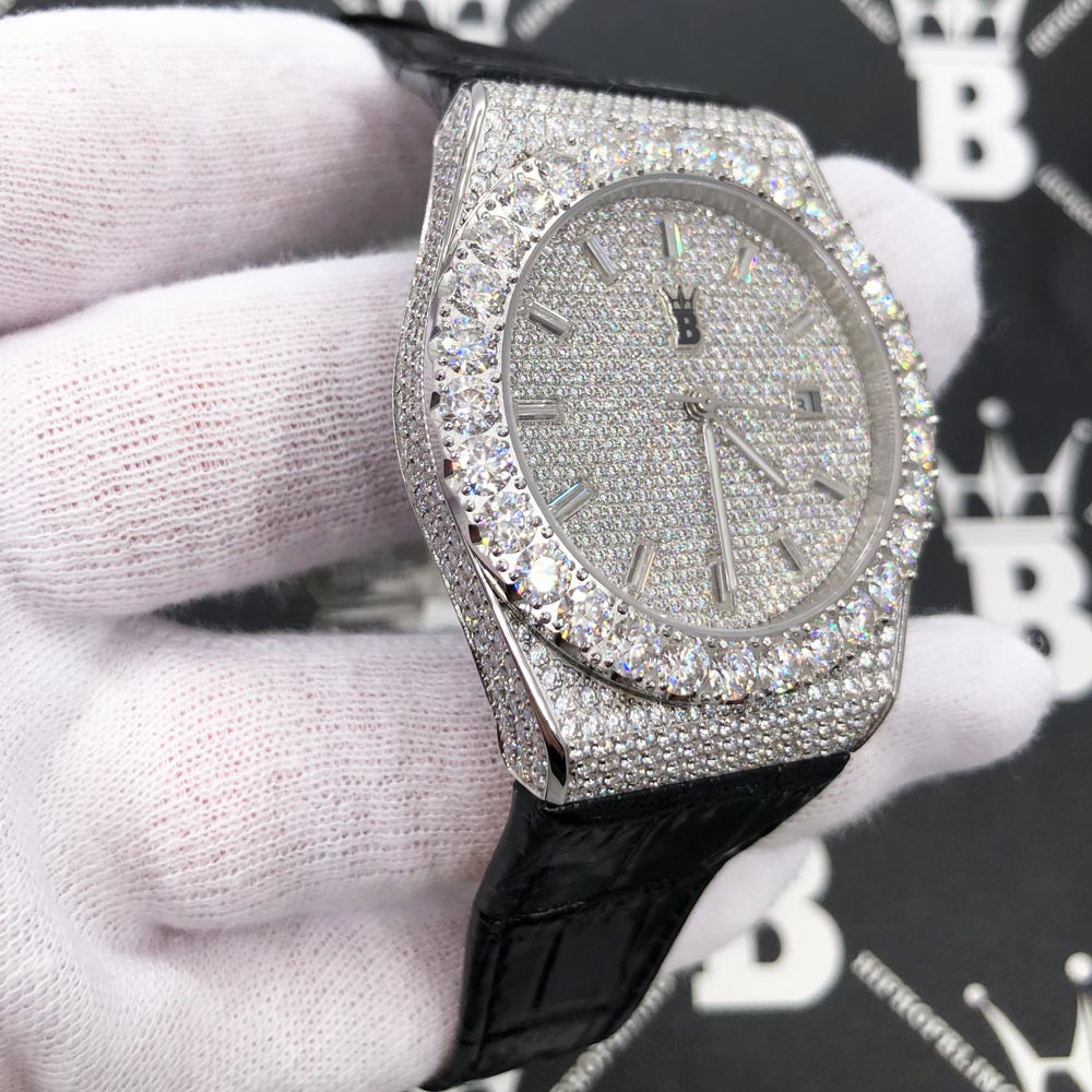 Moissanite Crown Hip Hop Bling Bustdown Leather Watch 20 Carats White Gold HipHopBling