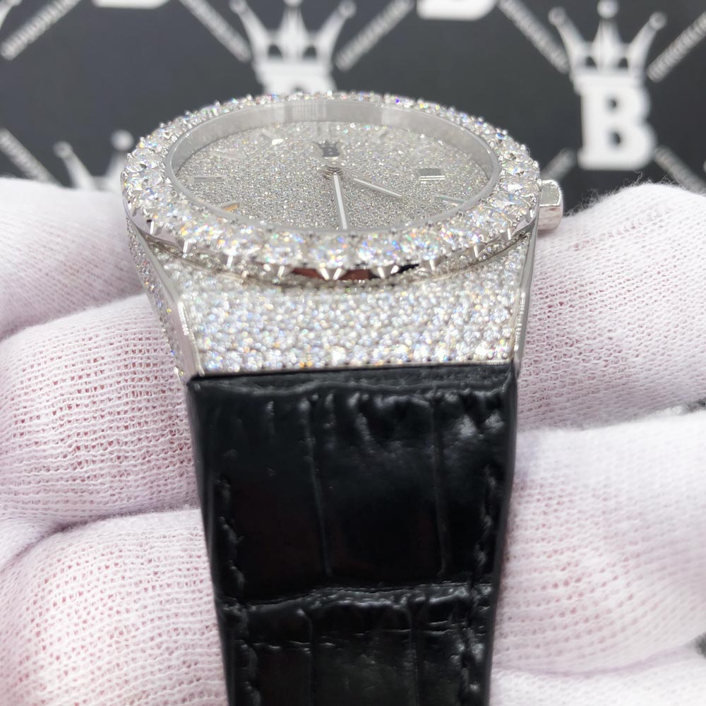 Moissanite Crown Hip Hop Bling Bustdown Leather Watch 20 Carats White Gold HipHopBling