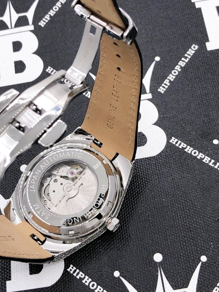 Moissanite Crown Hip Hop Bling Bustdown Leather Watch 20 Carats White Gold HipHopBling