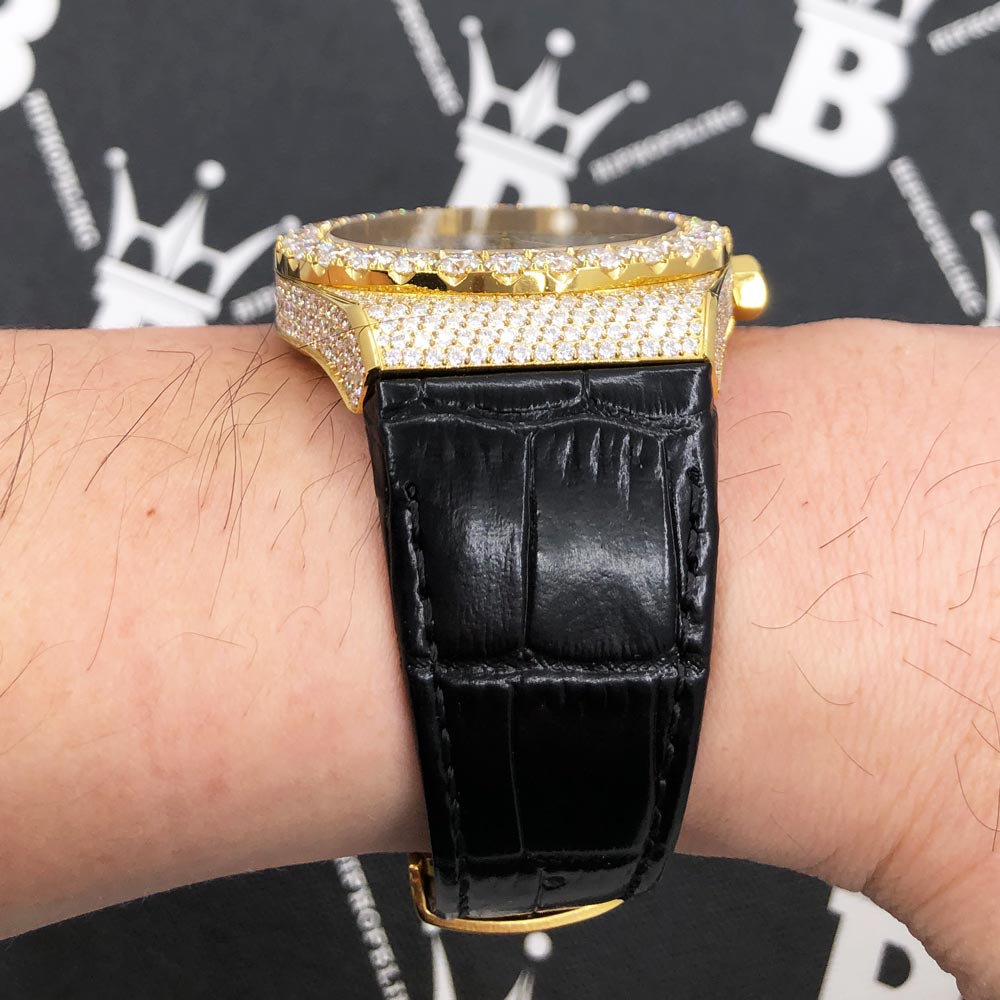 Moissanite Crown Hip Hop Bling Bustdown Leather Watch 20 Carats White Gold HipHopBling