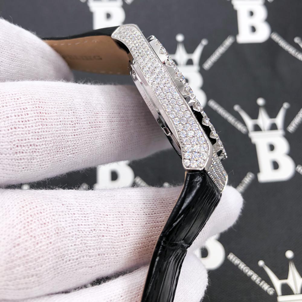 Moissanite Crown Hip Hop Bling Bustdown Leather Watch 20 Carats White Gold HipHopBling