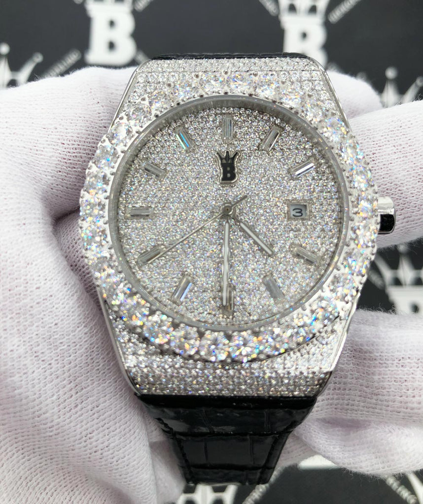 Moissanite Crown Hip Hop Bling Bustdown Leather Watch 20 Carats White Gold HipHopBling