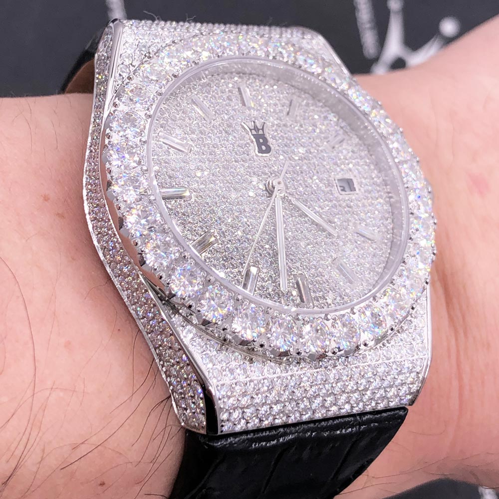 Moissanite Crown Hip Hop Bling Bustdown Leather Watch 20 Carats White Gold HipHopBling