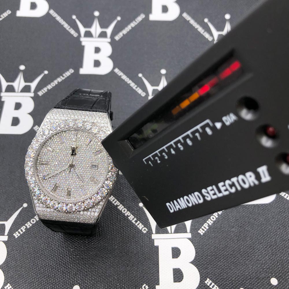 Moissanite Crown Hip Hop Bling Bustdown Leather Watch 20 Carats White Gold HipHopBling