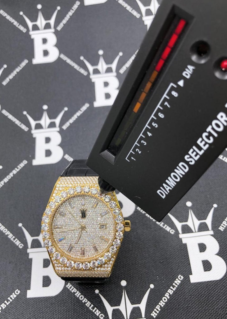 Moissanite Crown Hip Hop Bling Bustdown Leather Watch 20 Carats White Gold HipHopBling