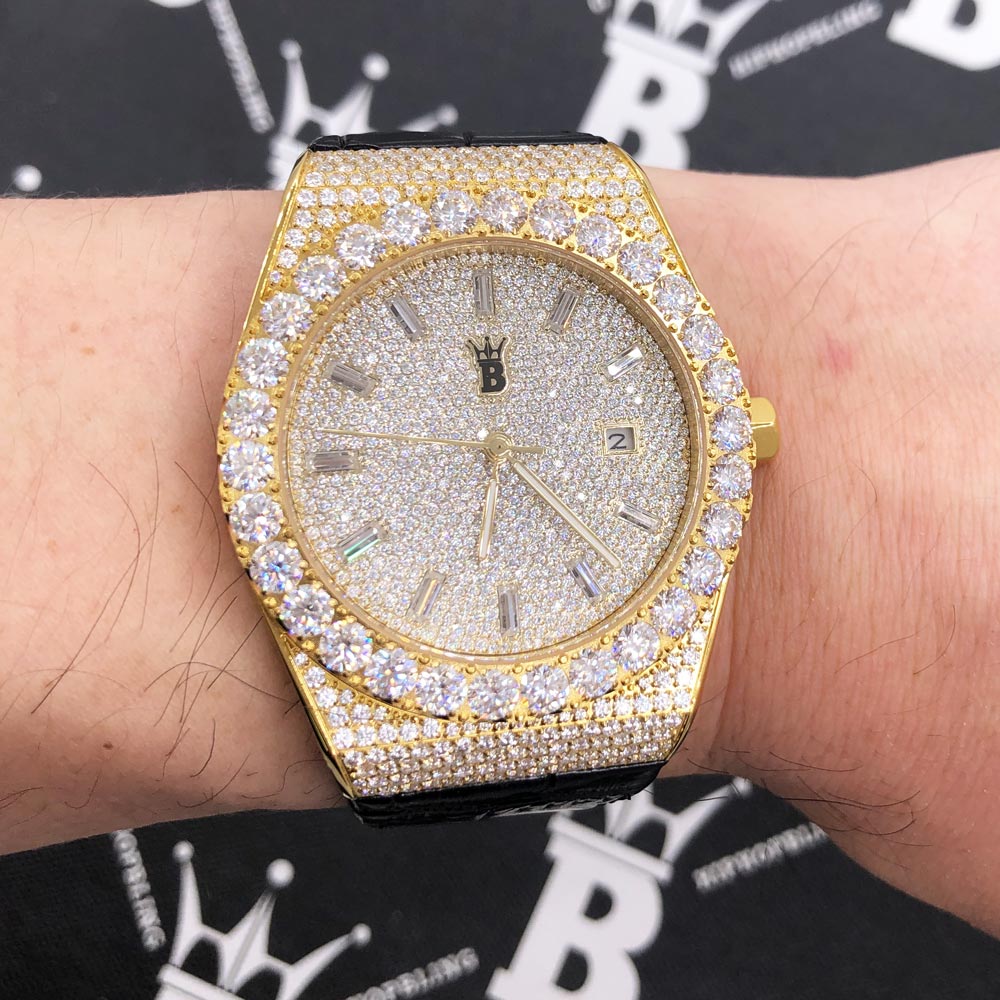 Moissanite Crown Hip Hop Bling Bustdown Leather Watch 20 Carats Yellow Gold HipHopBling