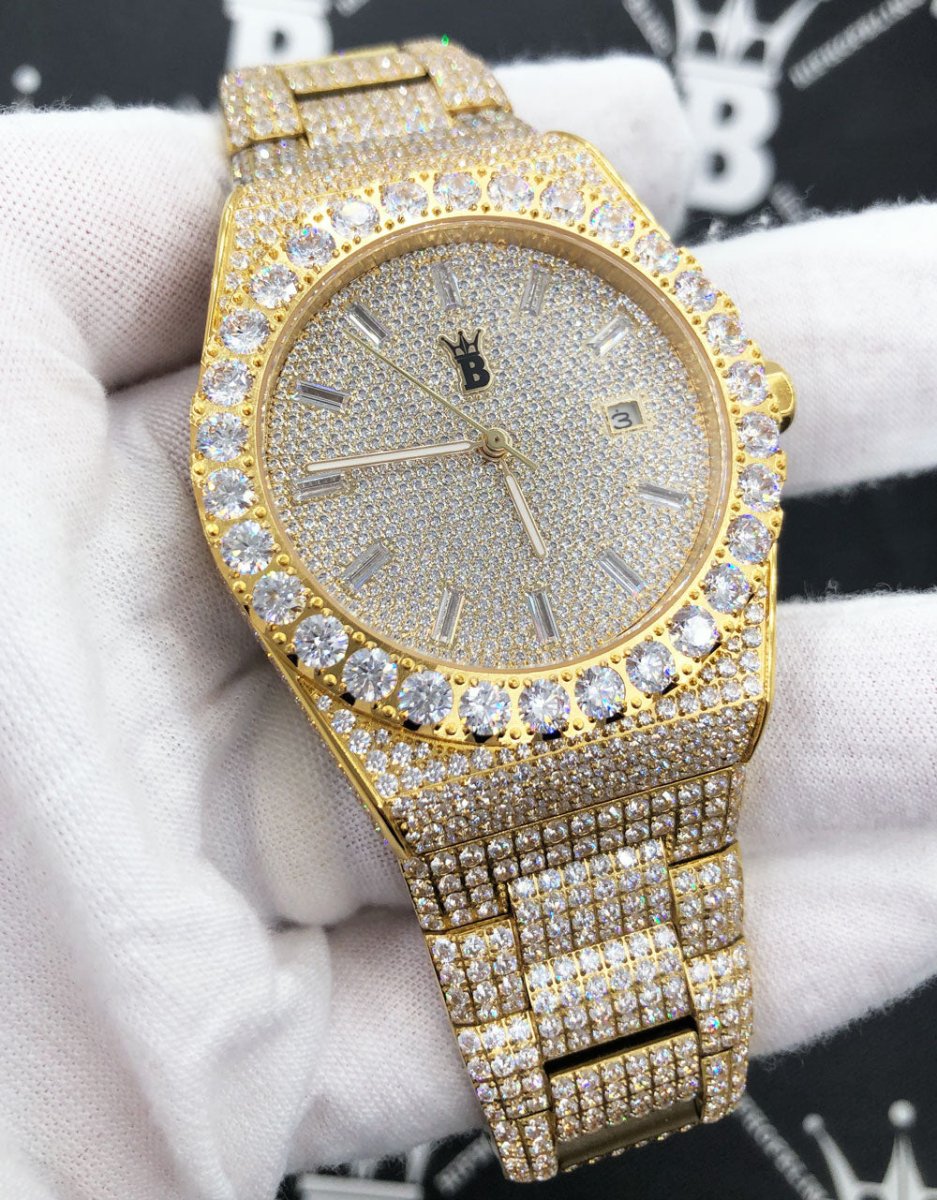 Moissanite Crown Iced Out Hip Hop Bling Bustdown Watch 50 Carats White Gold HipHopBling