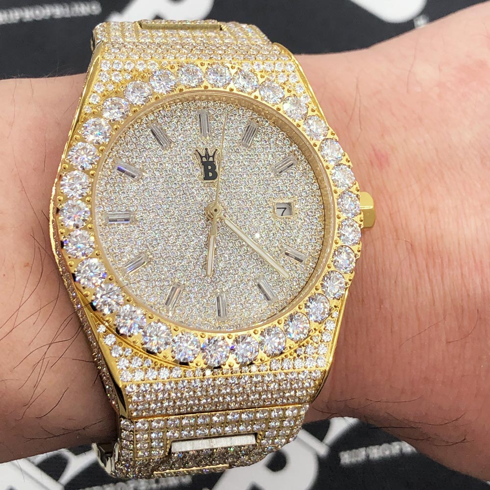 Moissanite Crown Iced Out Hip Hop Bling Bustdown Watch 50 Carats White Gold HipHopBling