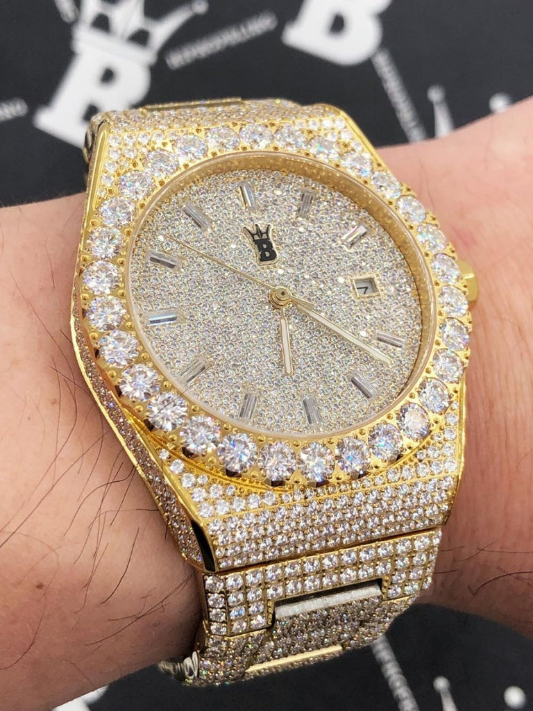 Moissanite Crown Iced Out Hip Hop Bling Bustdown Watch 50 Carats White Gold HipHopBling