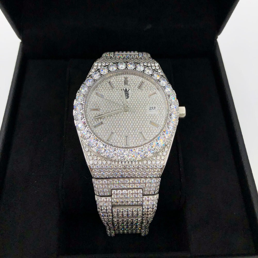 Moissanite Crown Iced Out Hip Hop Bling Bustdown Watch 50 Carats White Gold HipHopBling