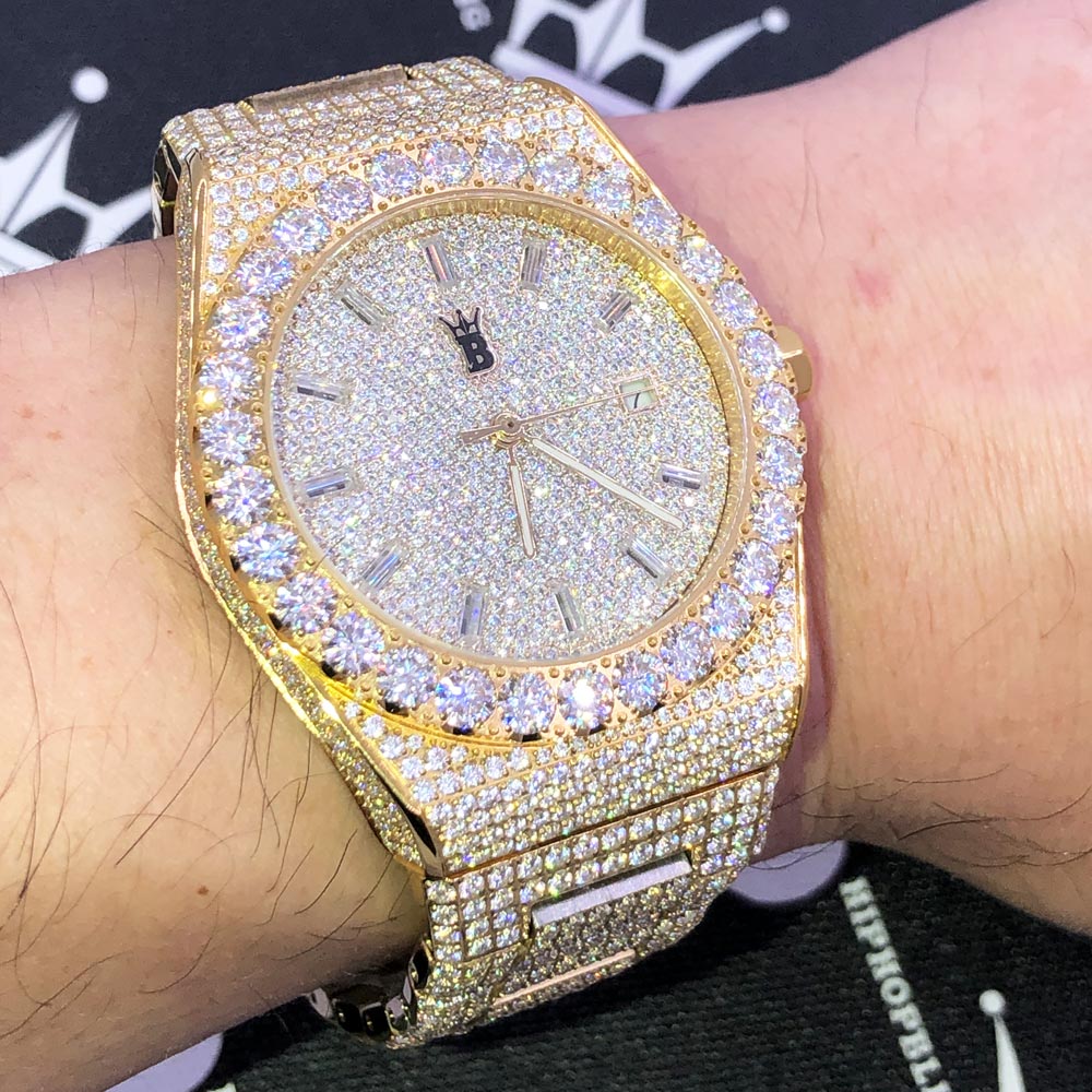 Moissanite Crown Iced Out Hip Hop Bling Bustdown Watch 50 Carats White Gold HipHopBling